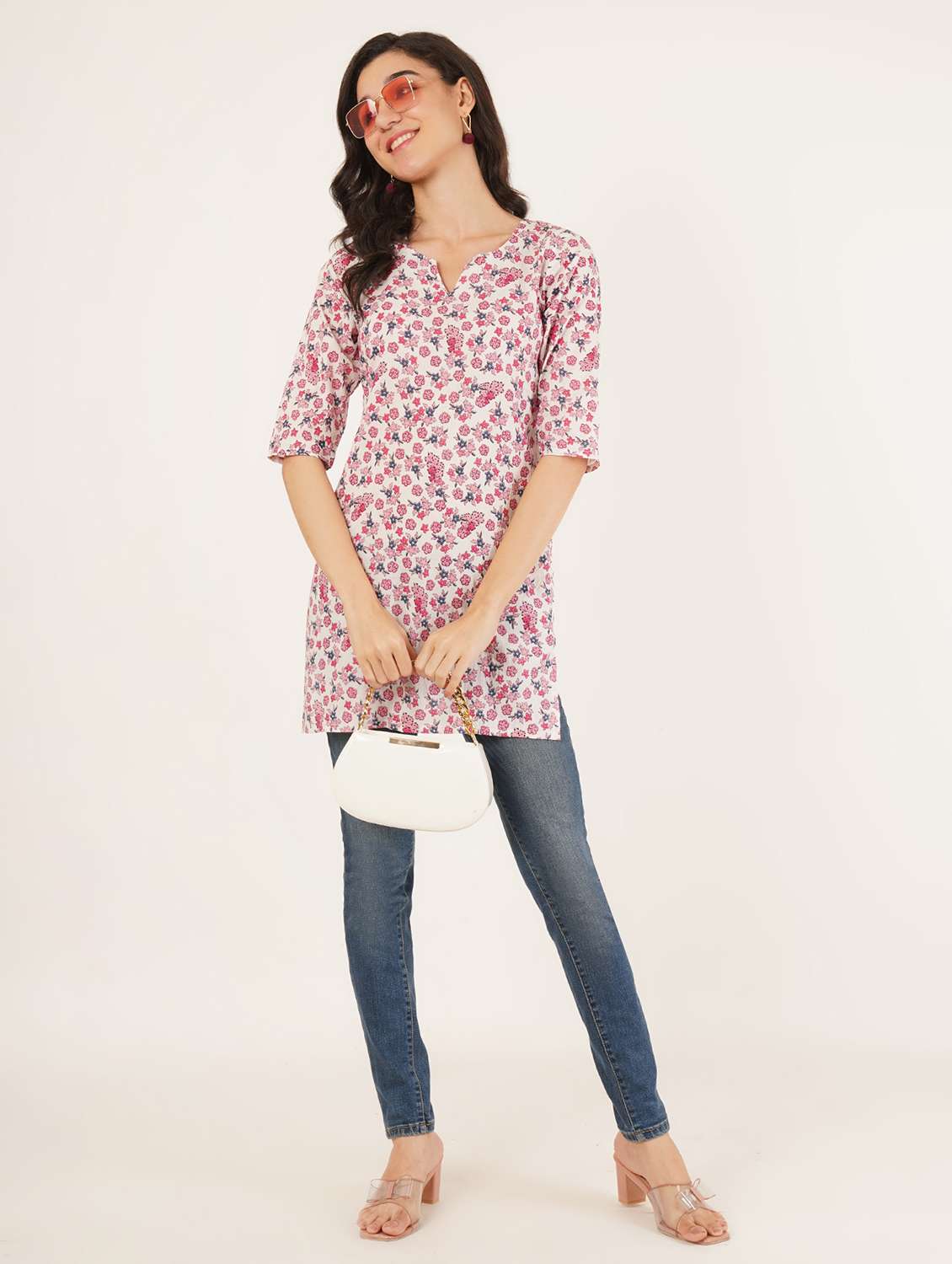 women floral printed three quarter sleeve straight kurti - 22072478 - Standard Image - 3