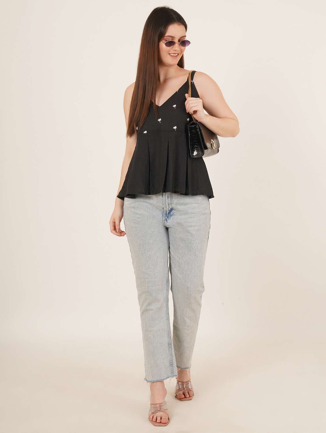 women embroidered shoulder strap peplum top - 22072499 - Standard Image - 3