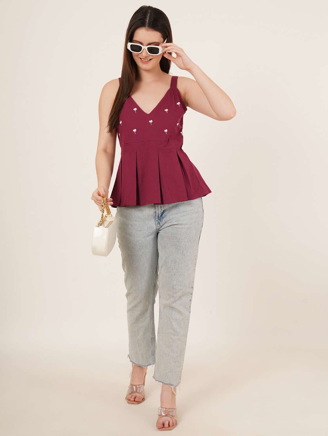 women embroidered shoulder strap peplum top - 22072500 - Standard Image - 3