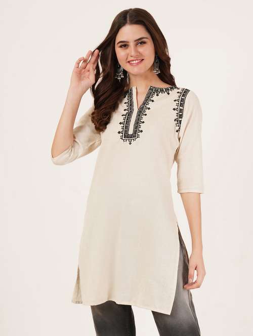 women embroidered three quarter sleeve straight kurti - 22072539 - Standard Image - 0