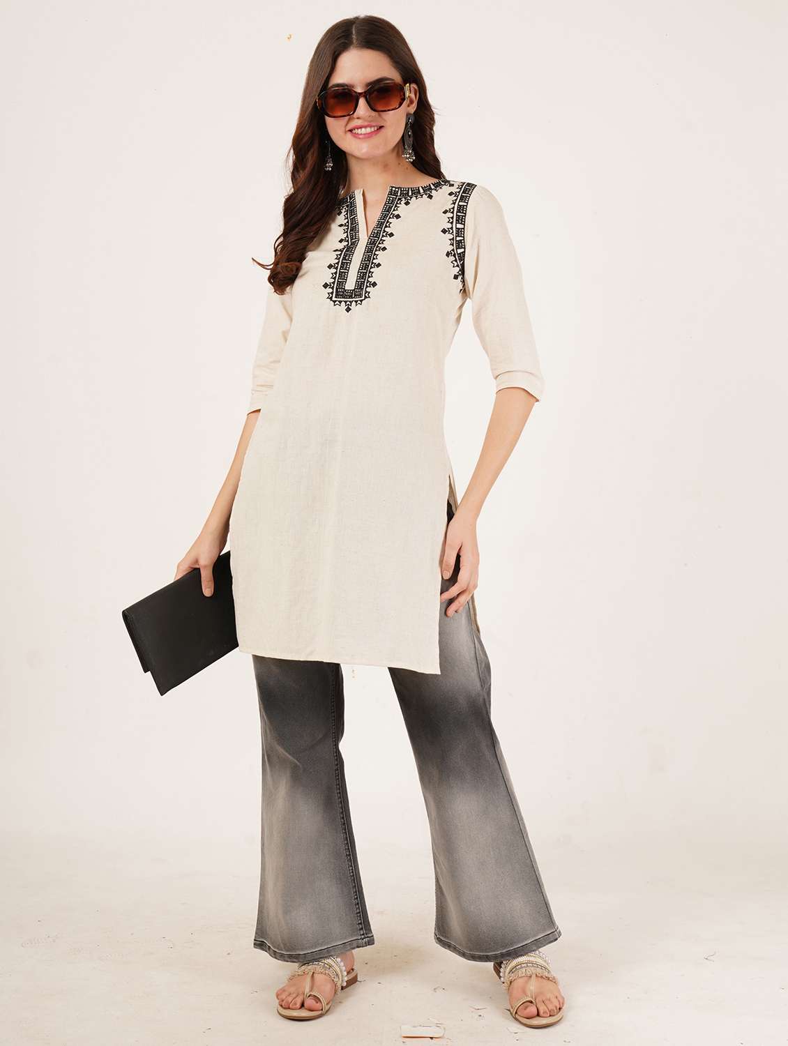 women embroidered three quarter sleeve straight kurti - 22072539 - Standard Image - 3