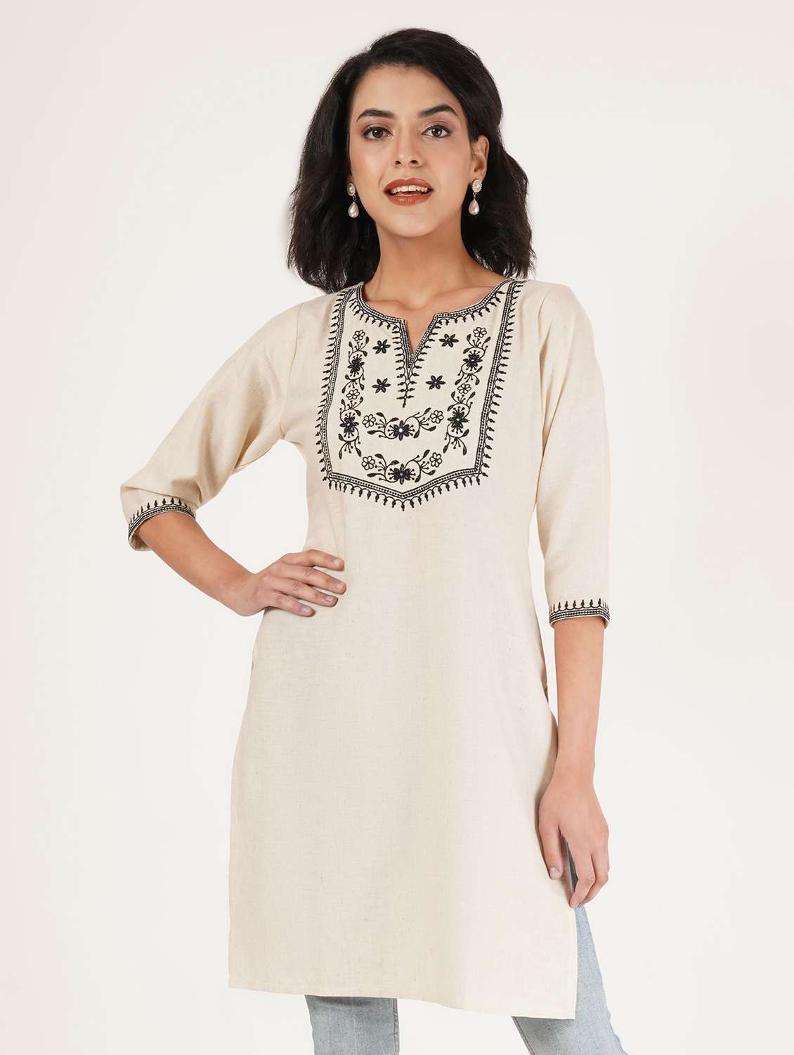 women embroidered three quarter sleeve straight kurti - 22072542 - Zoom Image - 0