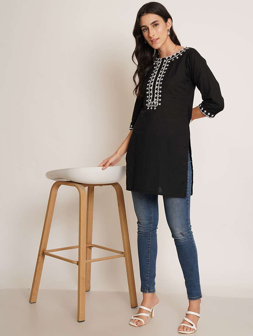 women embroidered three quarter sleeve straight kurti - 22072545 -  Standard Image - 3