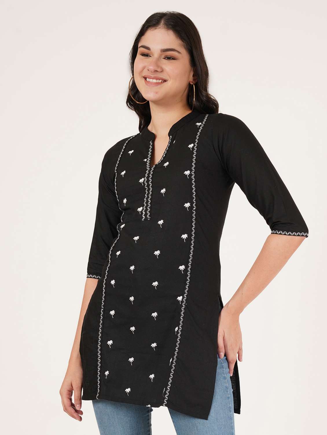 women embroidered three quarter sleeve straight kurti