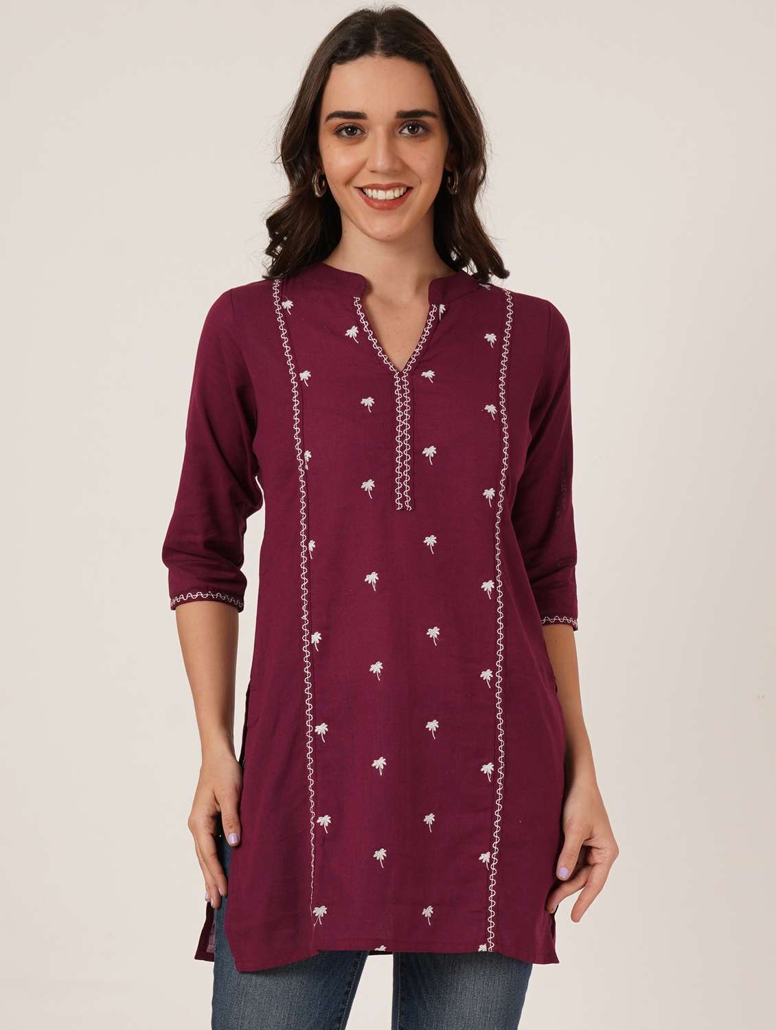 women embroidered three quarter sleeve straight kurti