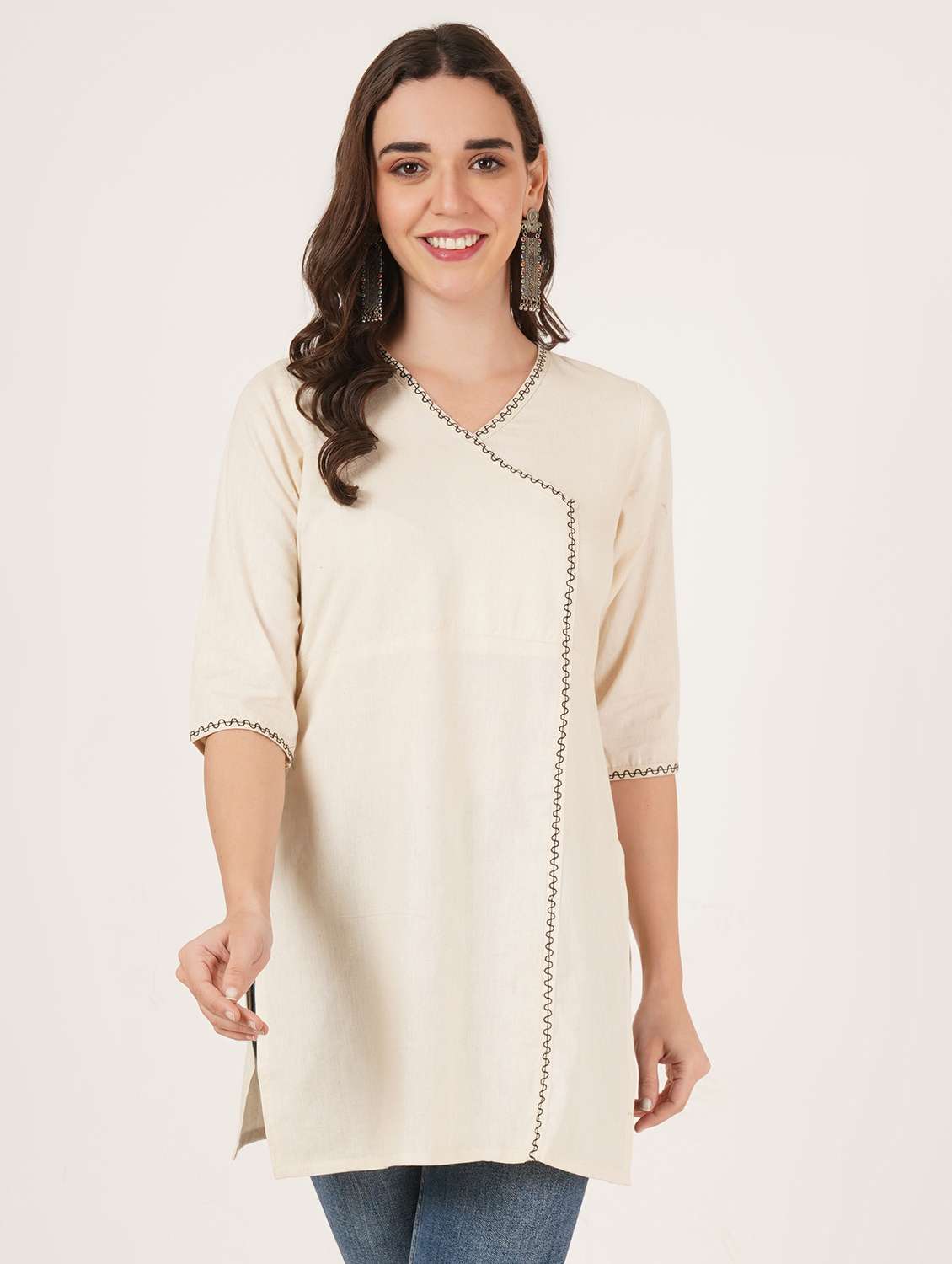 women embroidered three quarter sleeve angrakha kurti