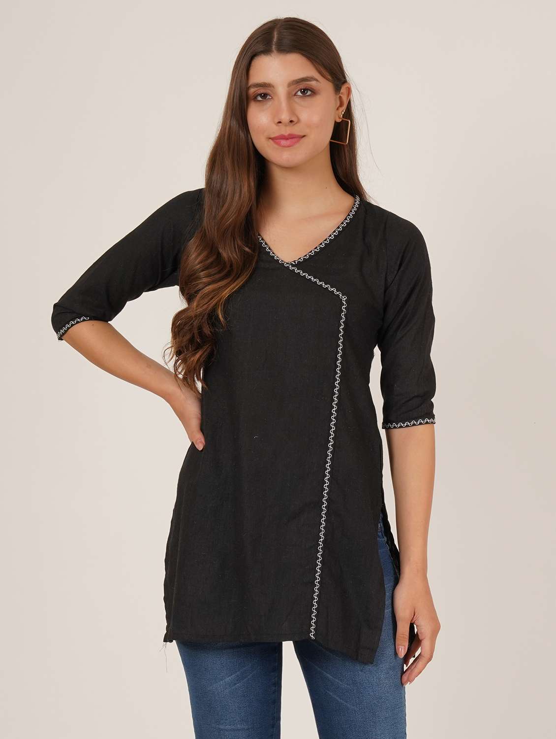 women embroidered three quarter sleeve angrakha kurti