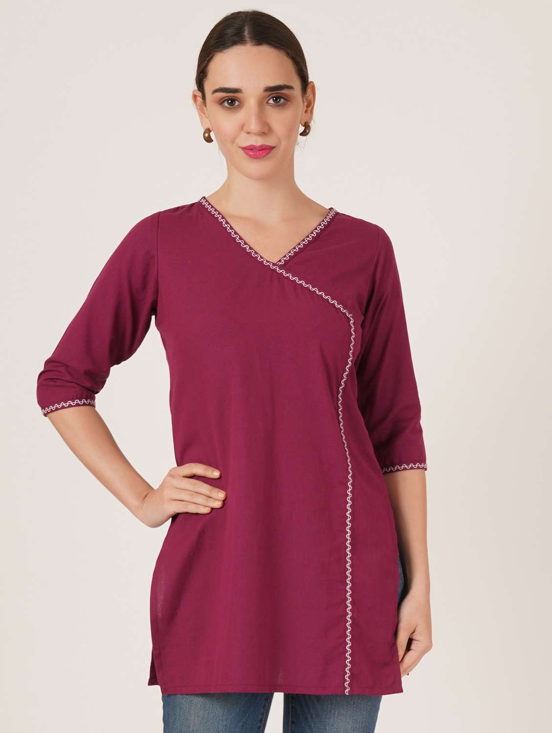 women embroidered three quarter sleeve angrakha kurti