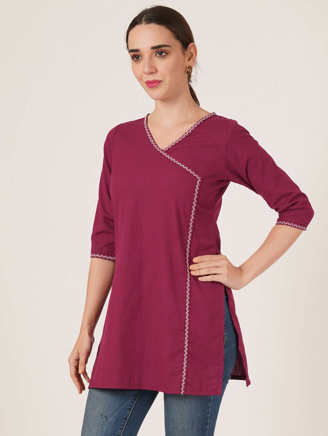 Women Embroidered Three Quarter Sleeve Angrakha Kurti - 22072555 -  Standard Image - 3