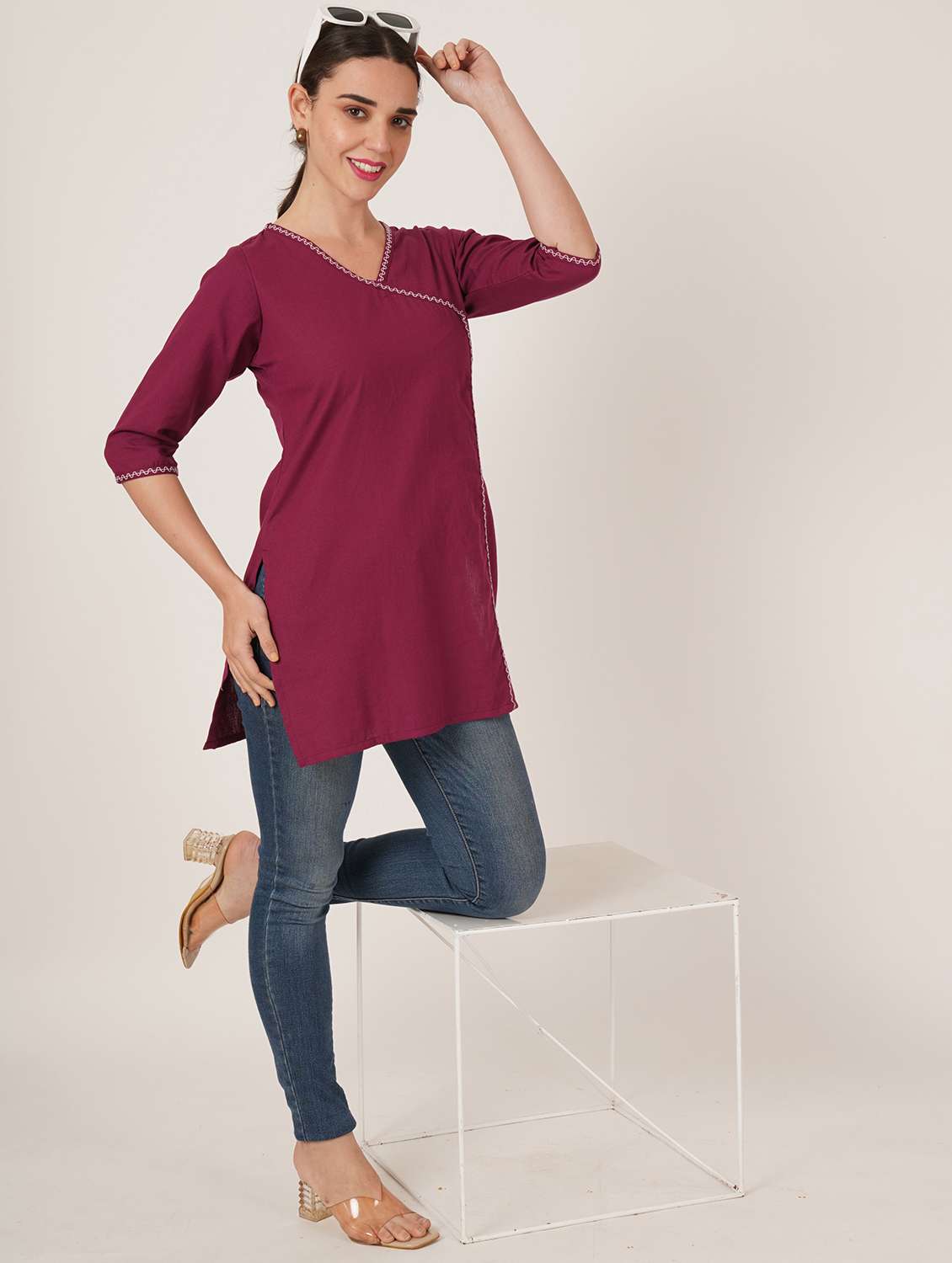 Women Embroidered Three Quarter Sleeve Angrakha Kurti - 22072555 -  Standard Image - 5