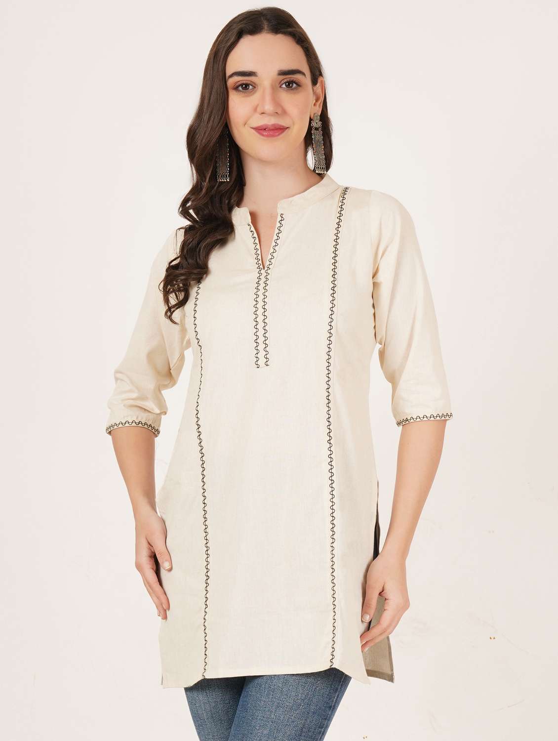 women embroidered three quarter sleeve straight kurti - 22072556 -  Standard Image - 3