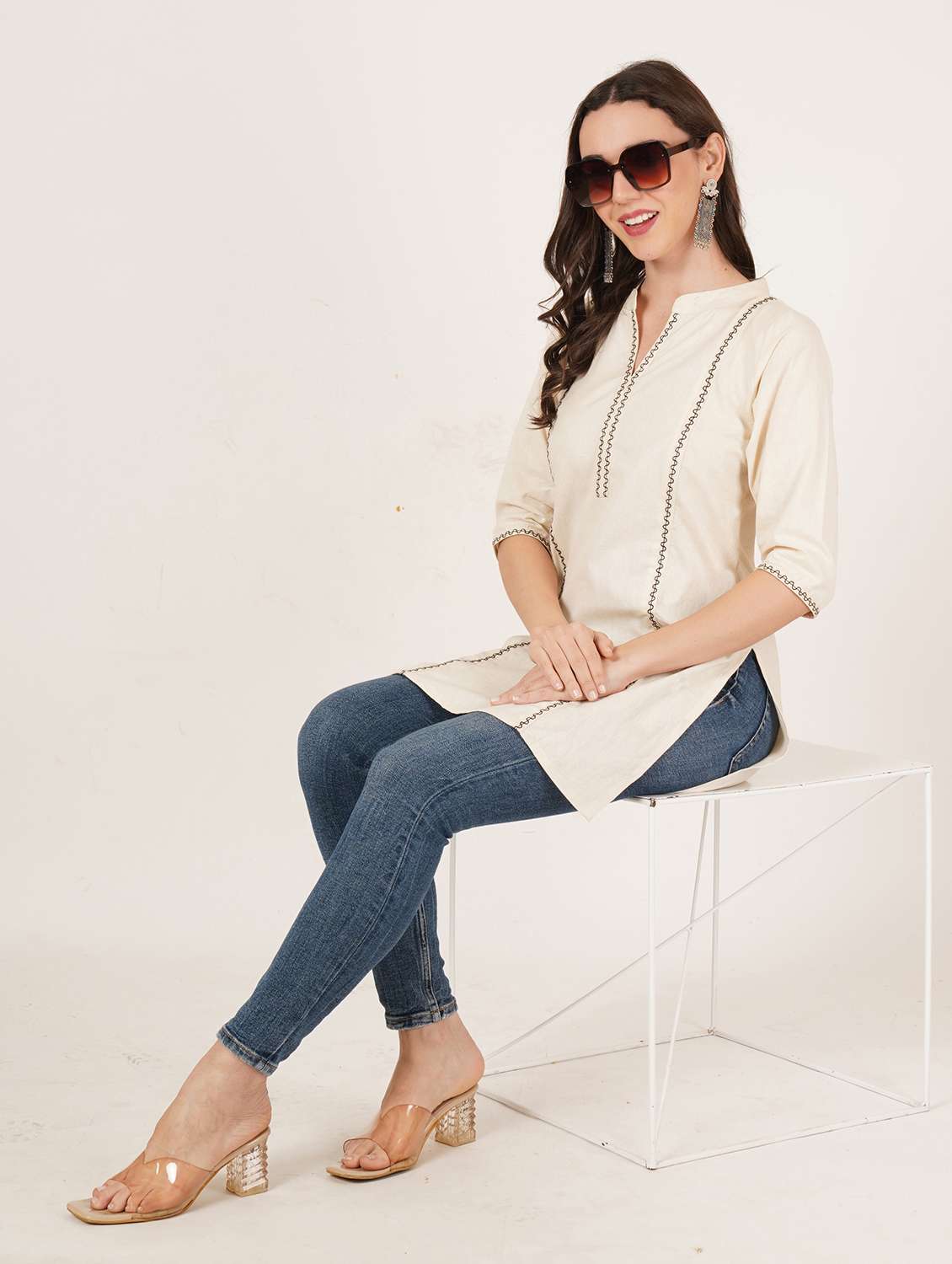 women embroidered three quarter sleeve straight kurti - 22072556 -  Standard Image - 5