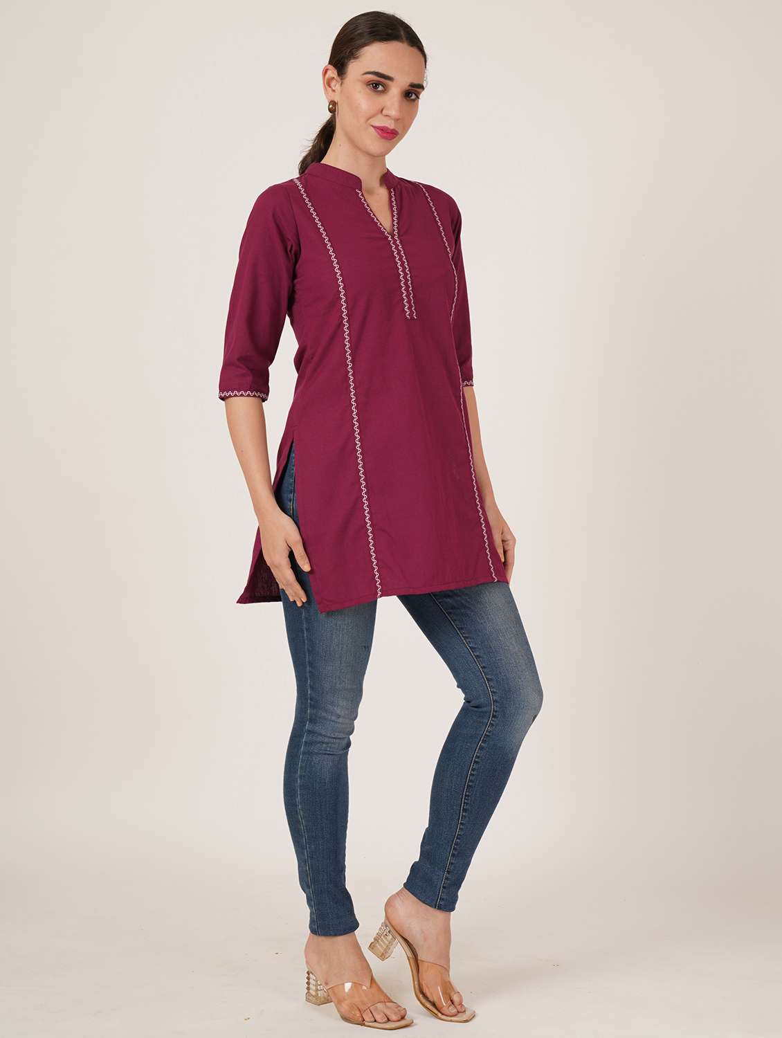 women embroidered three quarter sleeve straight kurti - 22072558 -  Standard Image - 3