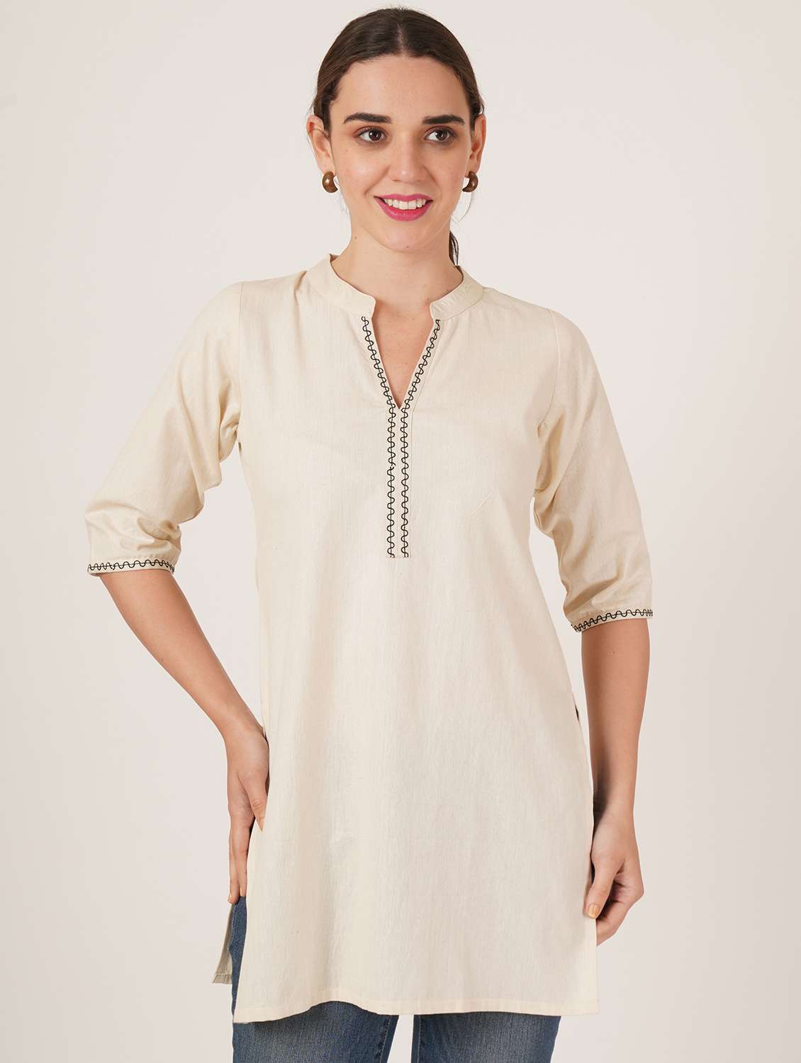 women embroidered three quarter sleeve straight kurti