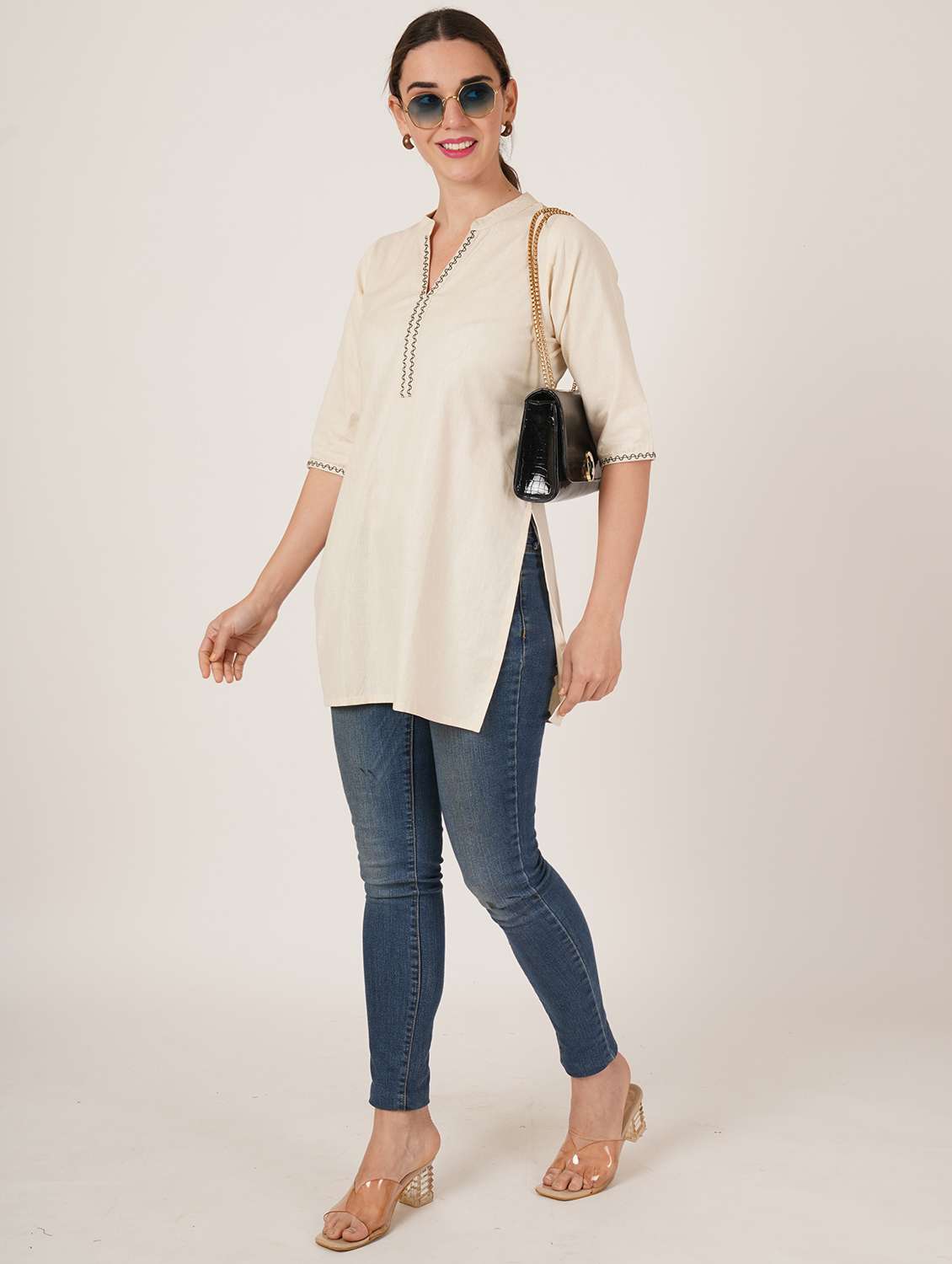 women embroidered three quarter sleeve straight kurti - 22072559 -  Standard Image - 3