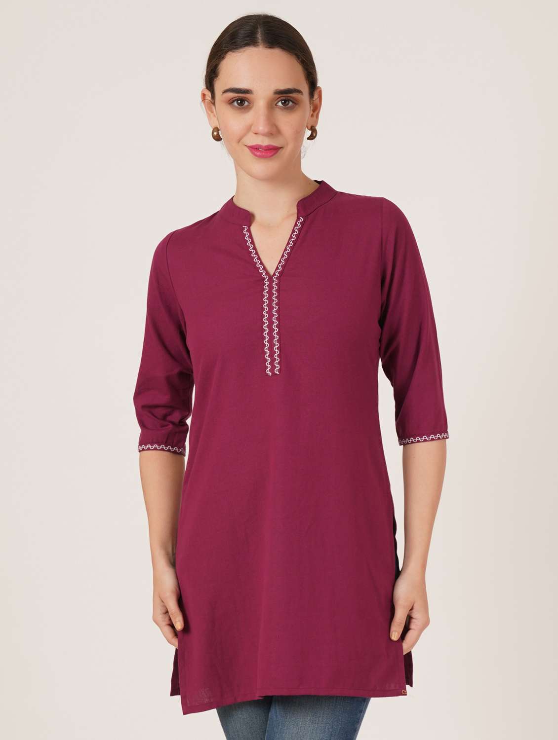 women embroidered three quarter sleeve straight kurti