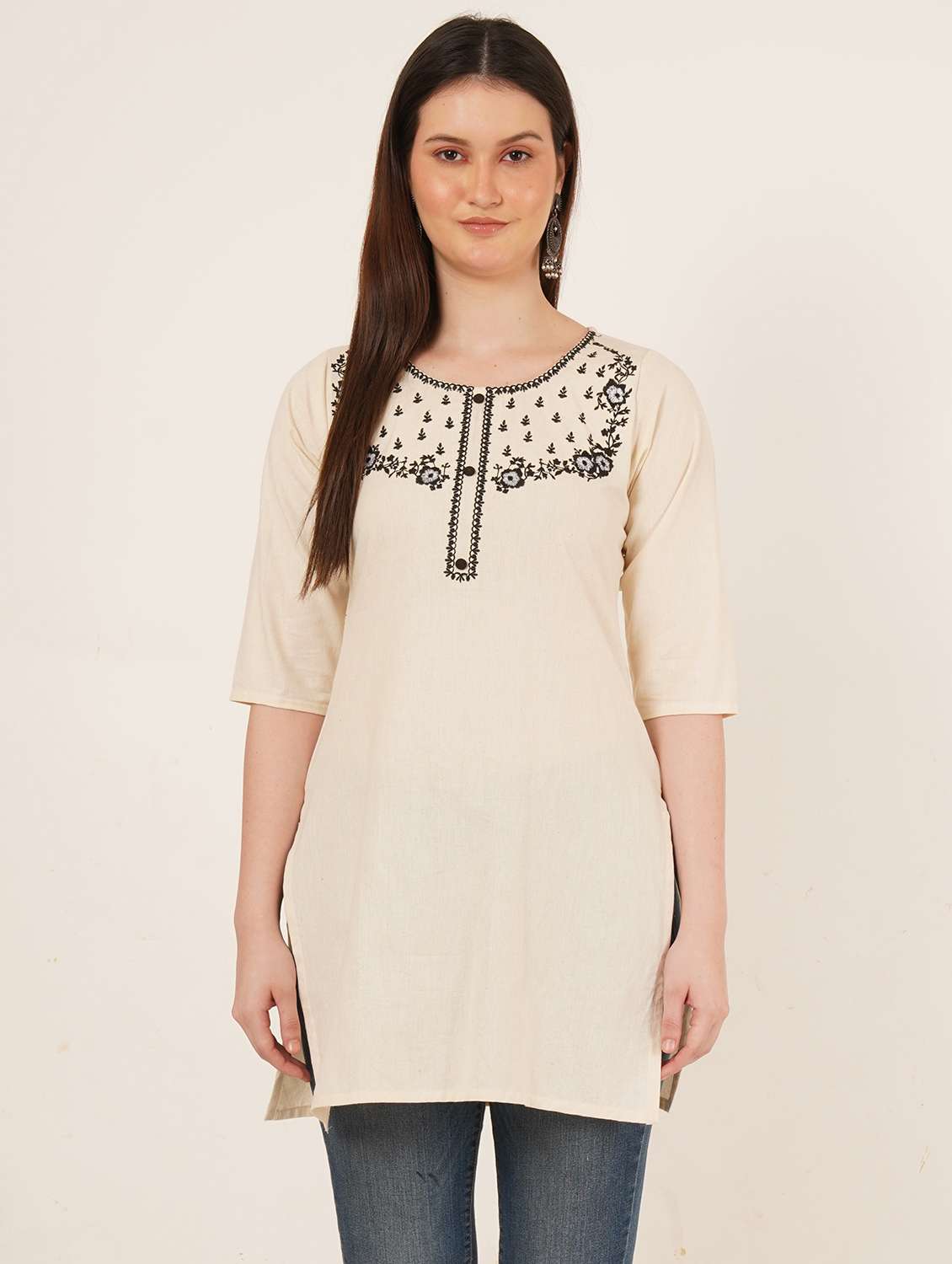women embroidered three quarter sleeve straight kurti - 22072562 - Zoom Image - 0