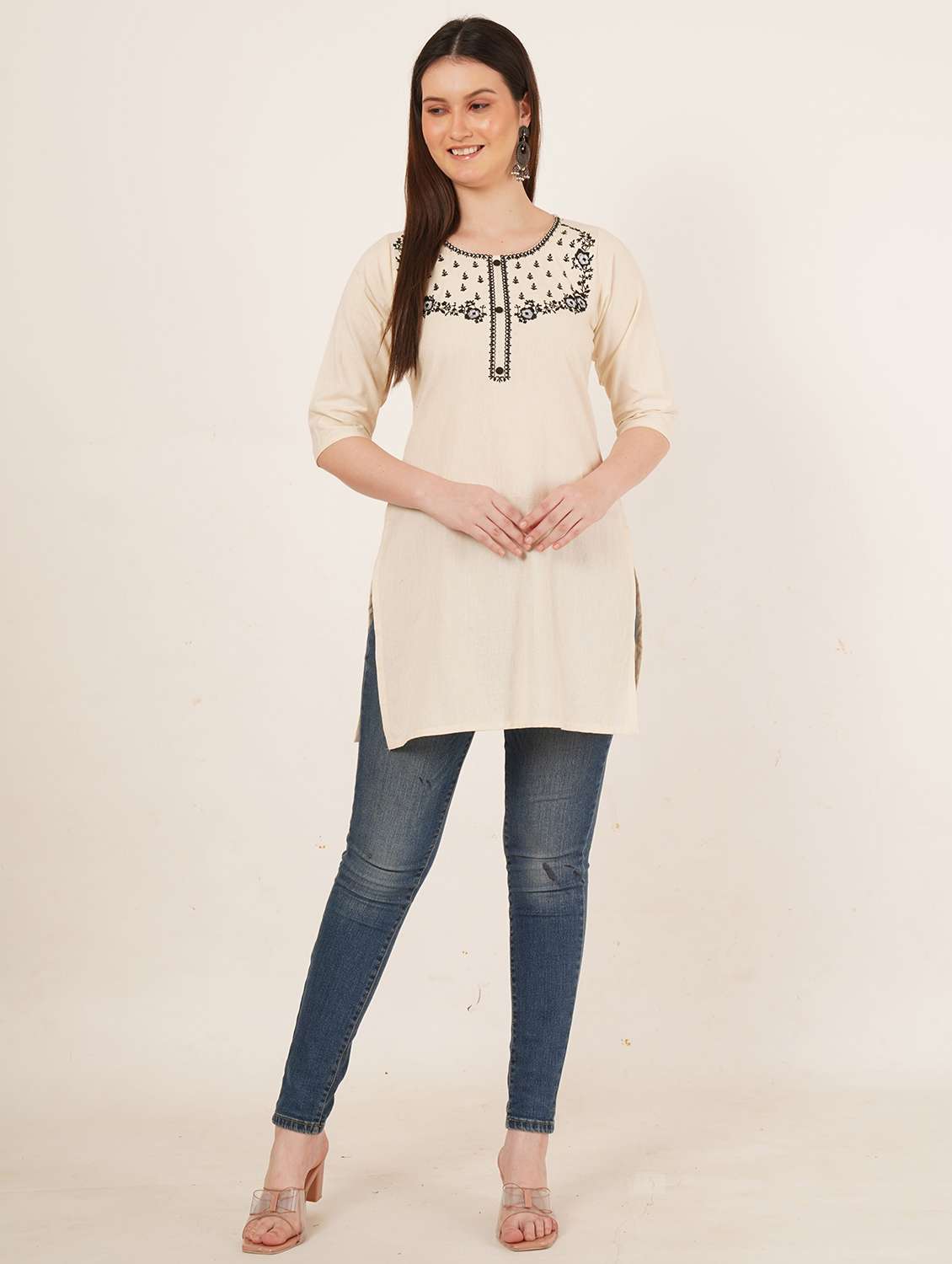 women embroidered three quarter sleeve straight kurti - 22072562 - Standard Image - 3