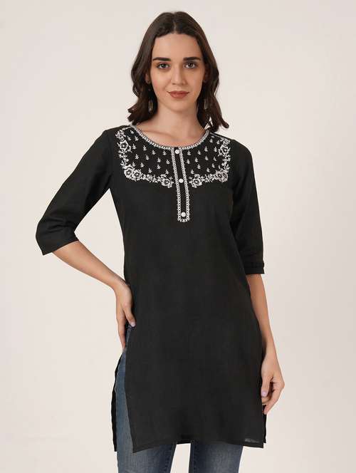 women embroidered three quarter sleeve straight kurti - 22072563 - Standard Image - 0