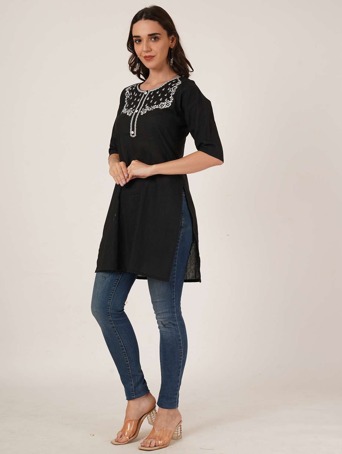 women embroidered three quarter sleeve straight kurti - 22072563 - Standard Image - 5