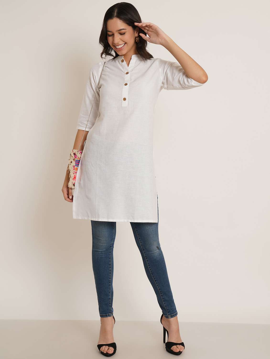 women solid three quarter sleeve straight kurti