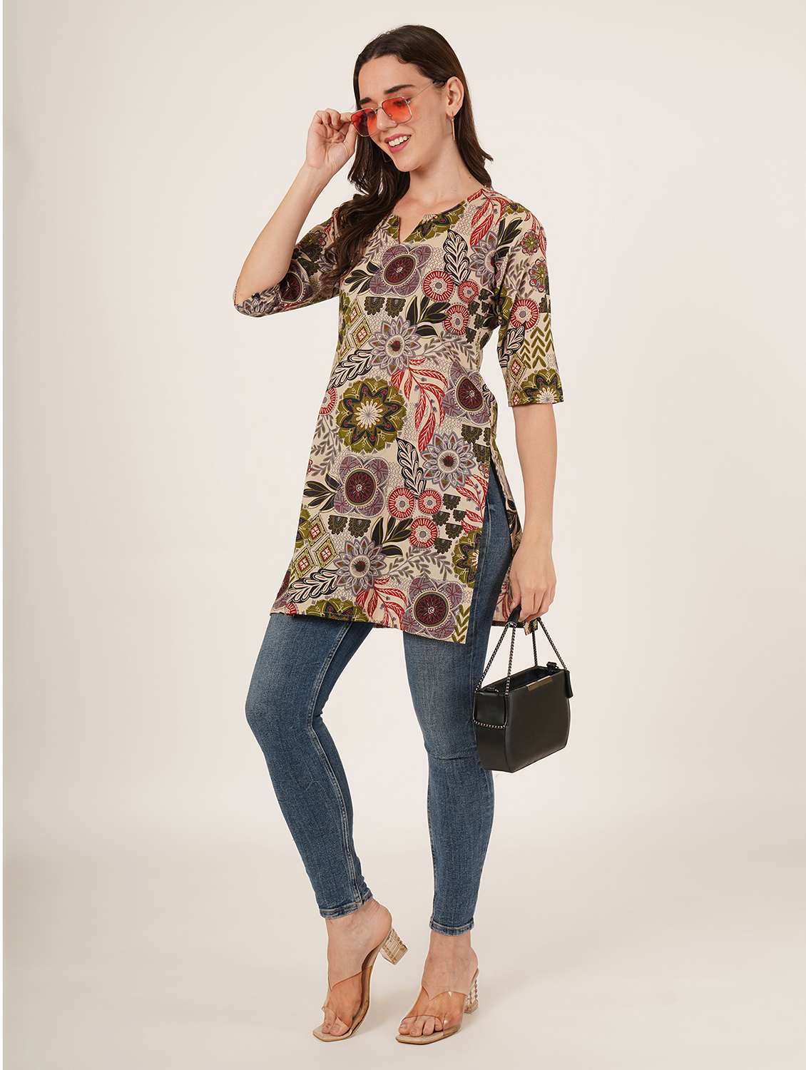 women printed three quarter sleeve straight kurti - 22072573 -  Standard Image - 3