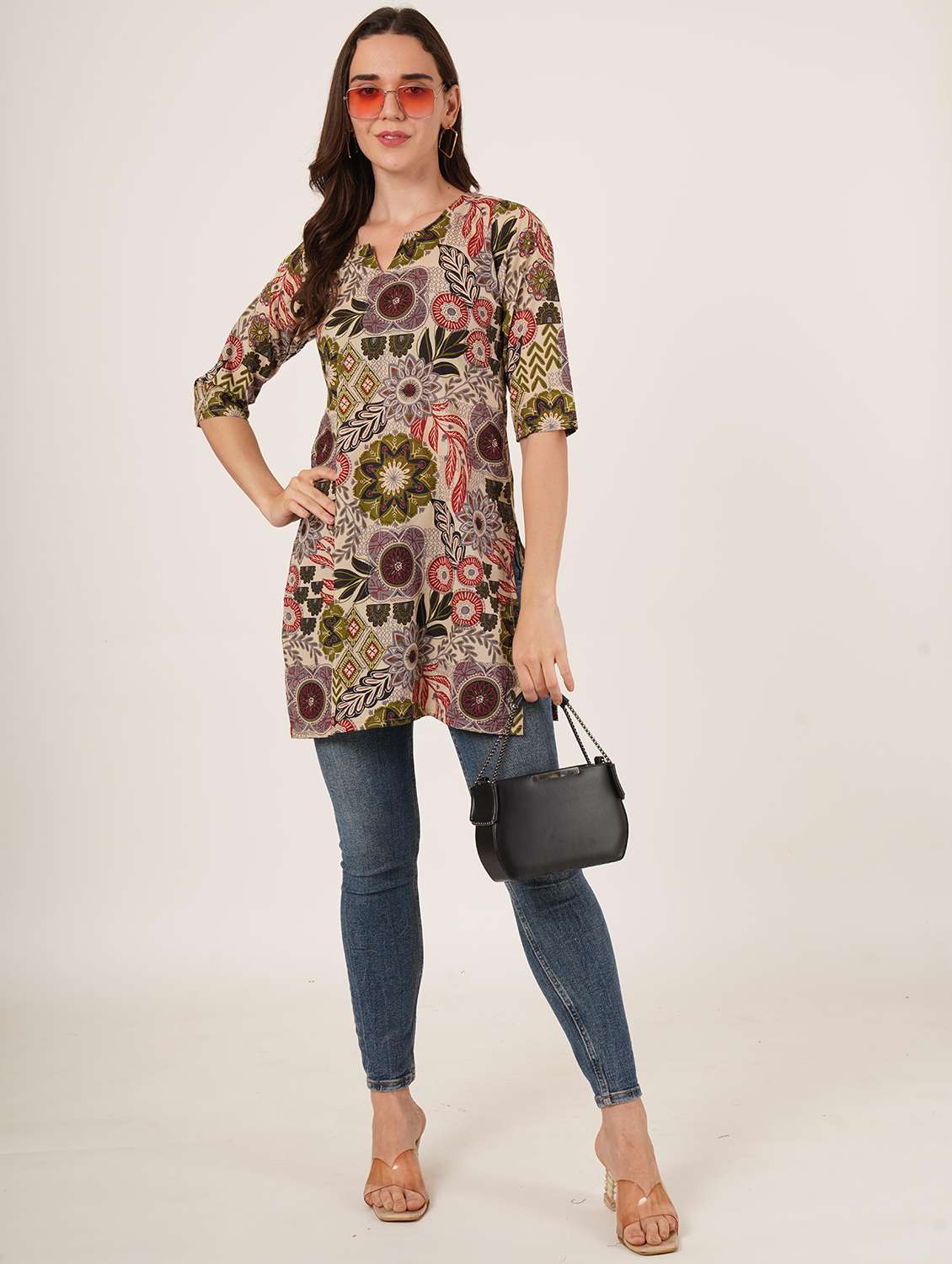 women printed three quarter sleeve straight kurti - 22072573 -  Standard Image - 5