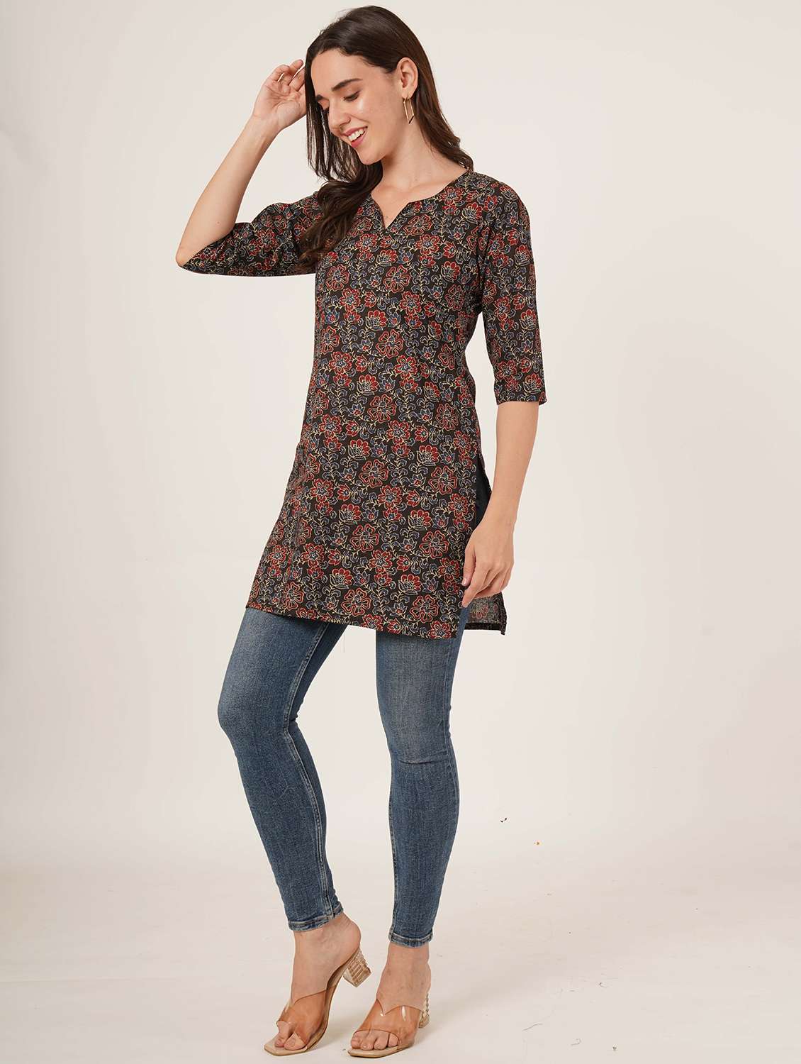 women printed three quarter sleeve straight kurti - 22072574 -  Standard Image - 5