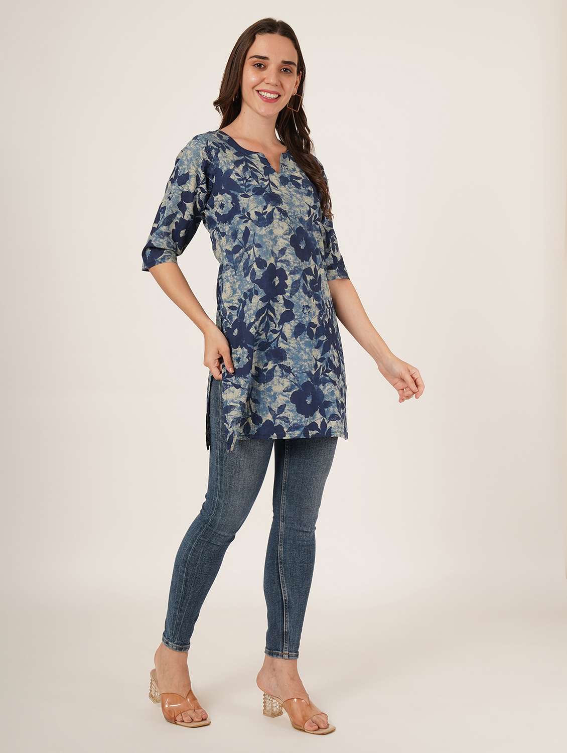 women floral printed three quarter sleeve straight kurti - 22072575 -  Standard Image - 5