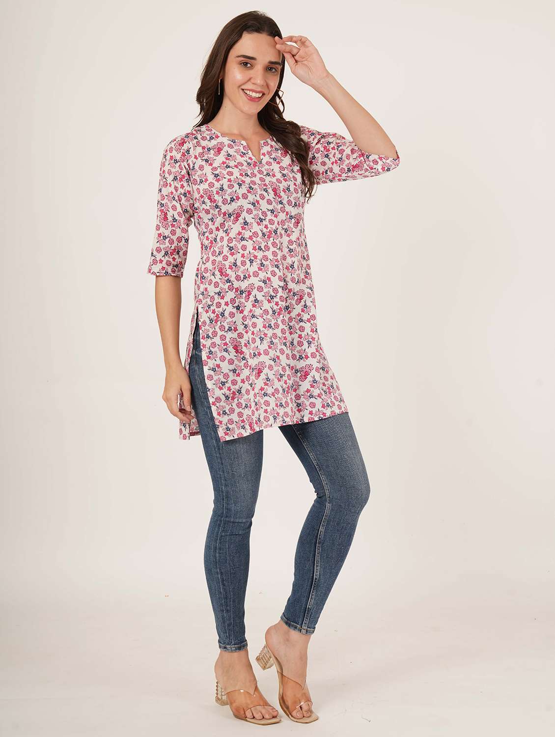 women floral printed three quarter sleeve straight kurti - 22072577 - Standard Image - 5