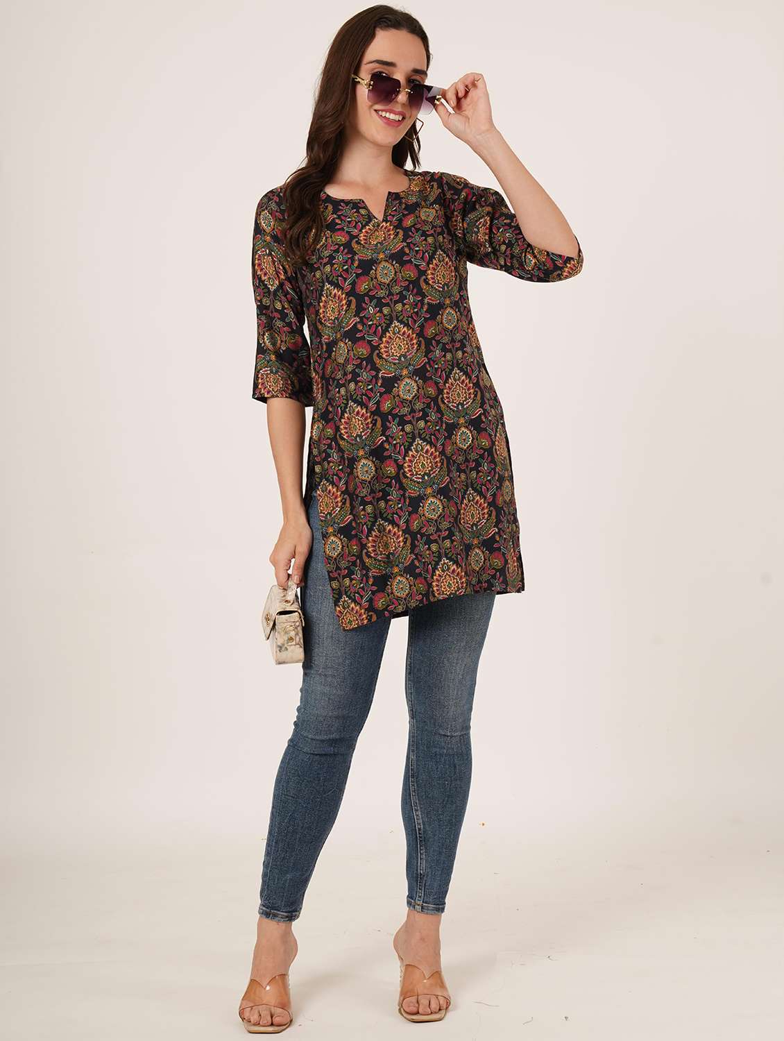 women printed three quarter sleeve straight kurti - 22072578 - Standard Image - 5