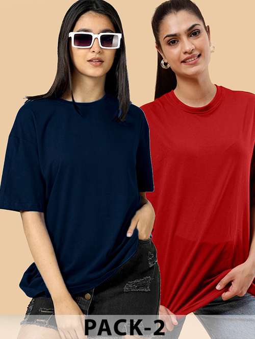 women pack of 2 solid oversized t-shirt - 22072739 - Standard Image - 0