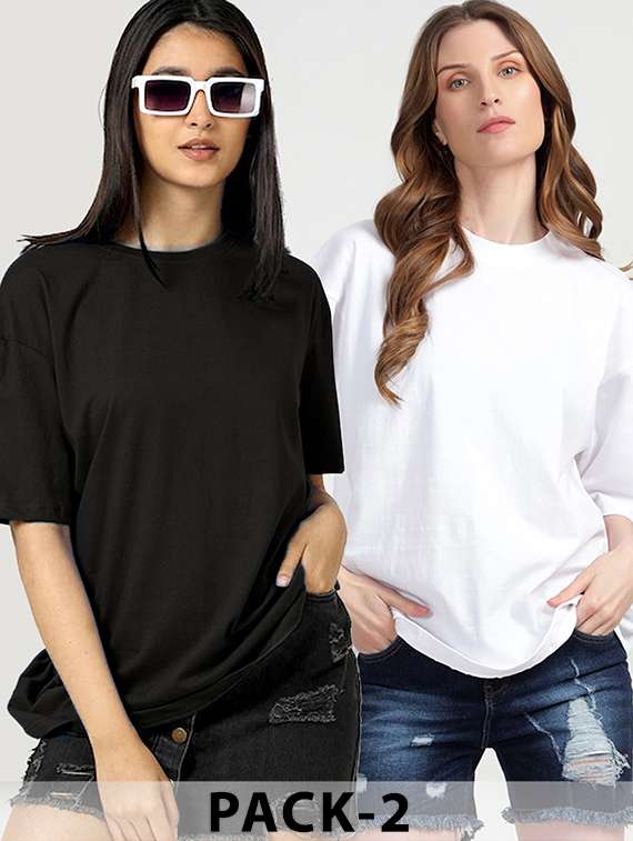 women pack of 2 solid oversized t-shirt 