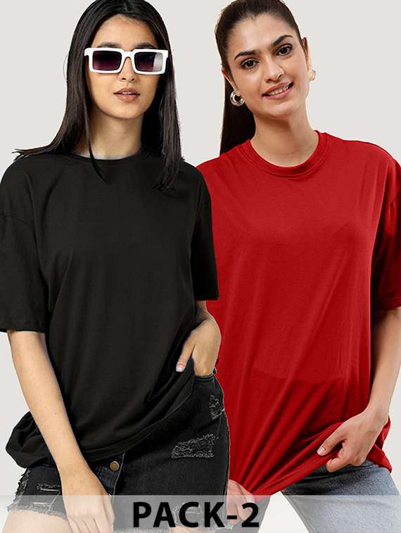 women pack of 2 solid oversized t-shirt 