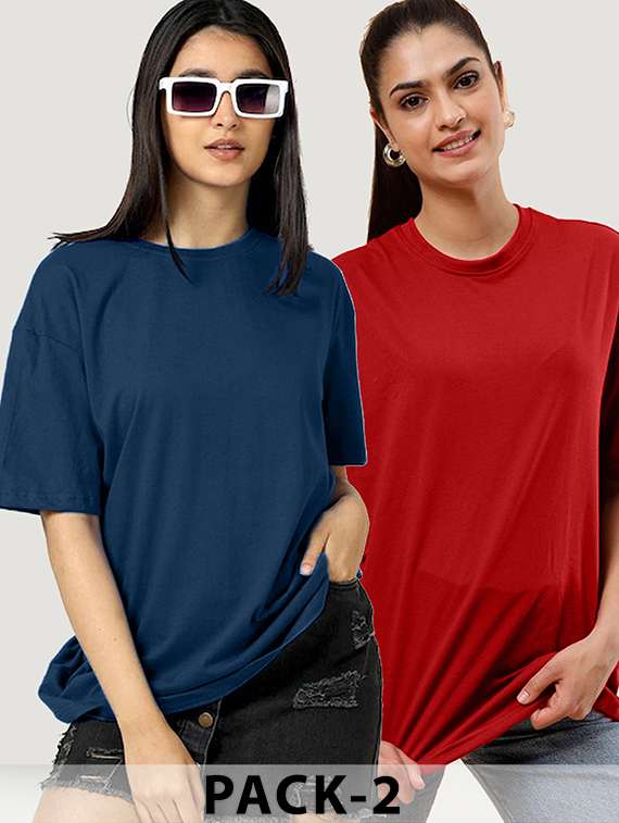 women pack of 2 solid oversized t-shirt 