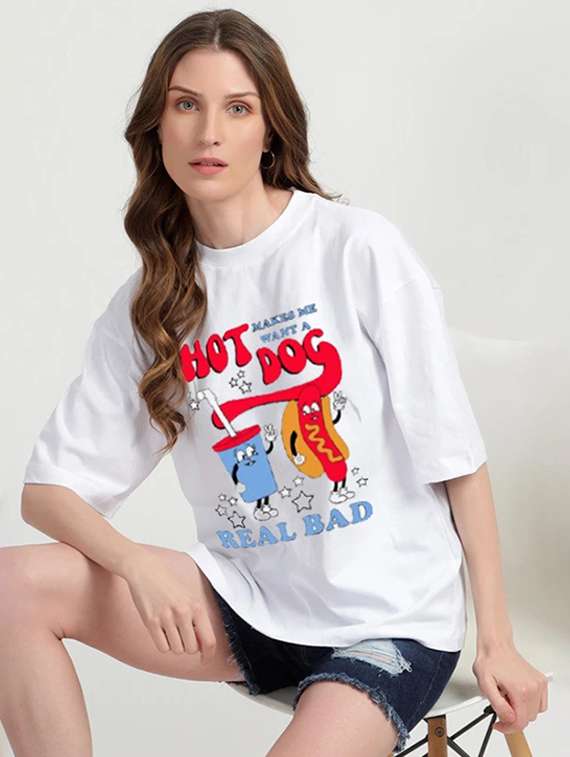 women front print round neck oversized t-shirt