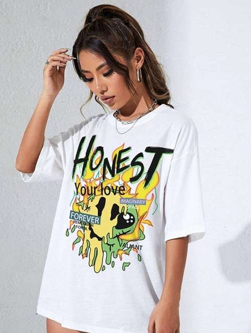 women front print round neck oversized t-shirt - 22072759 -  Standard Image - 0