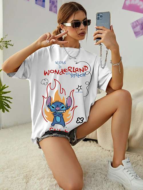 women front print round neck oversized t-shirt - 22072761 -  Standard Image - 0