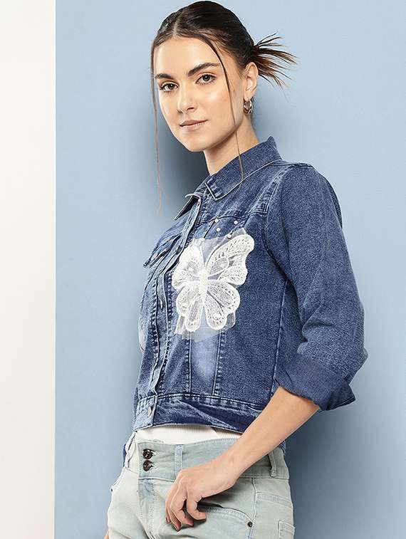 women solid with work long sleeve denim jacket