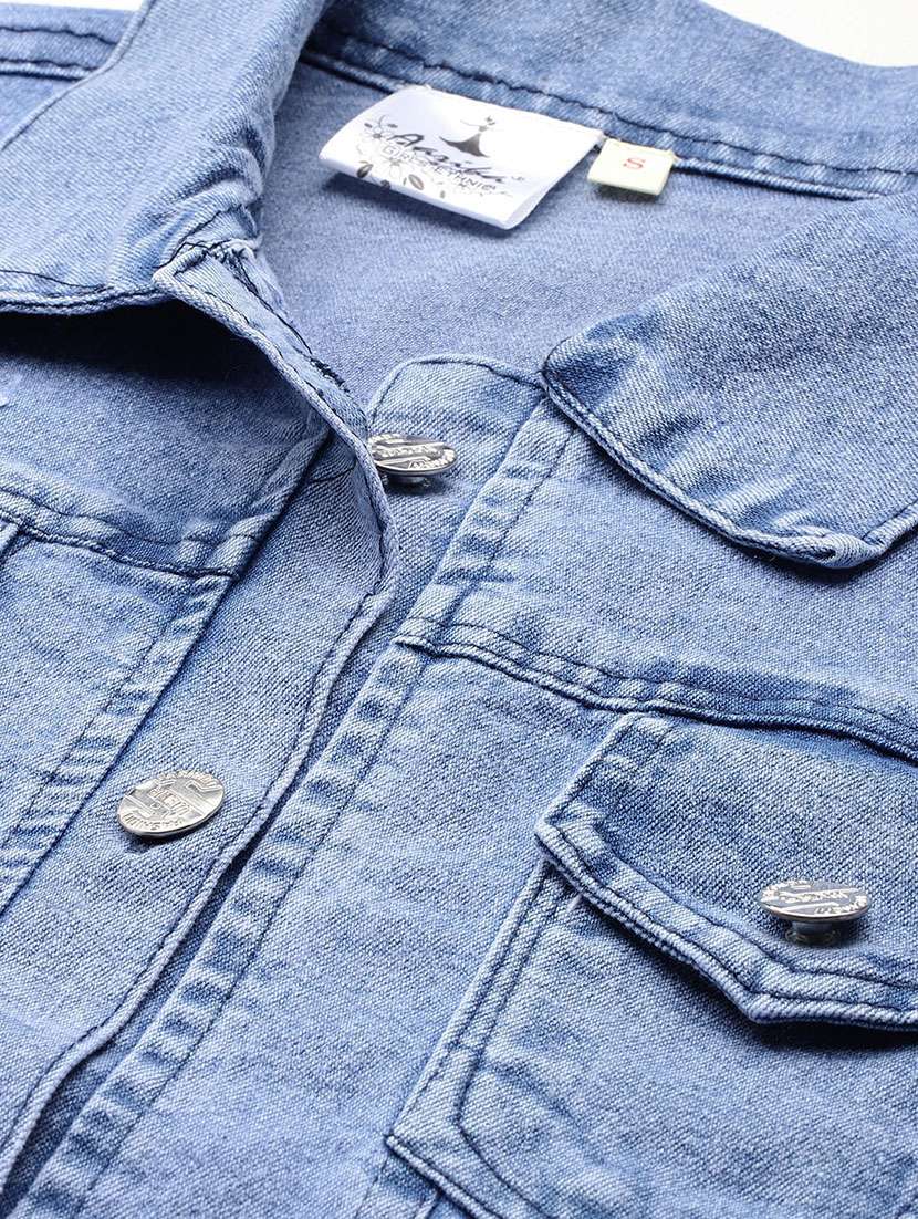 women solid long sleeve collared denim jacket - 22072834 -  Standard Image - 3