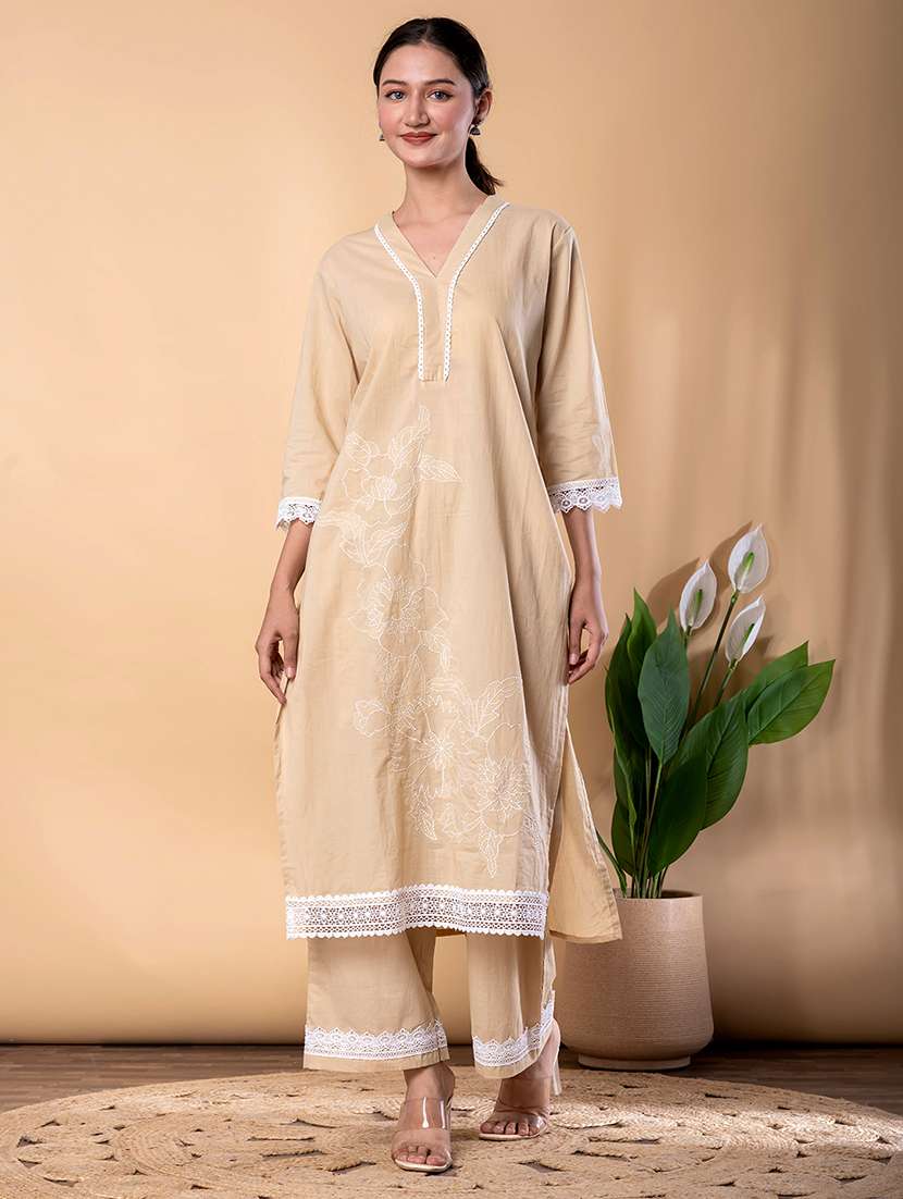 women solid with work three quarter sleeve kurta palazzo set