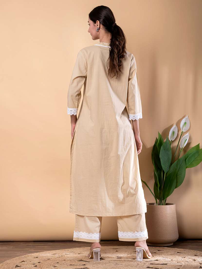 women solid with work three quarter sleeve kurta palazzo set - 22072856 -  Standard Image - 3