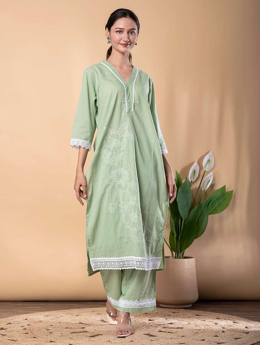 women solid with work three quarter sleeve kurta palazzo set