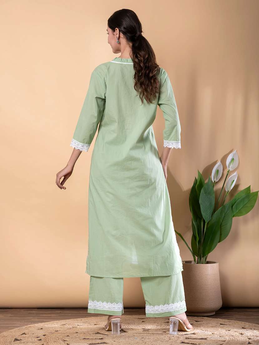 women solid with work three quarter sleeve kurta palazzo set - 22072857 -  Standard Image - 3