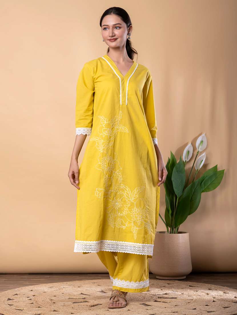 women solid with work three quarter sleeve kurta palazzo set