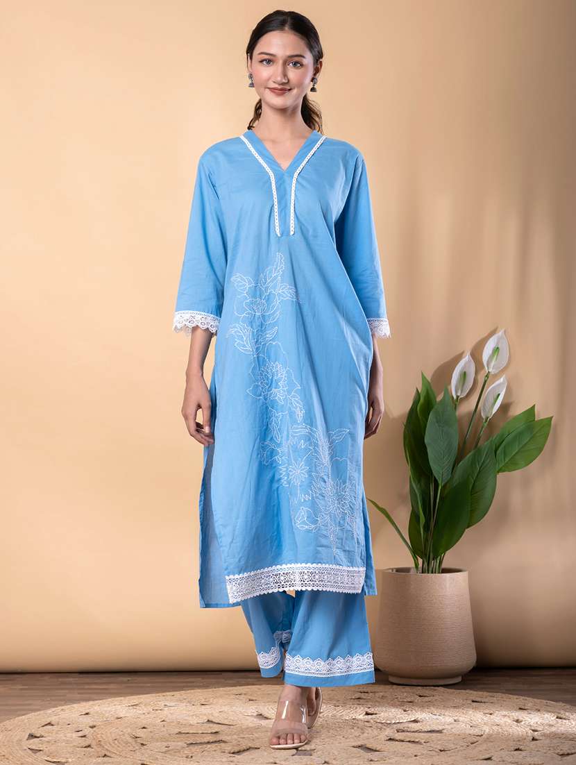 women solid with work three quarter sleeve kurta palazzo set