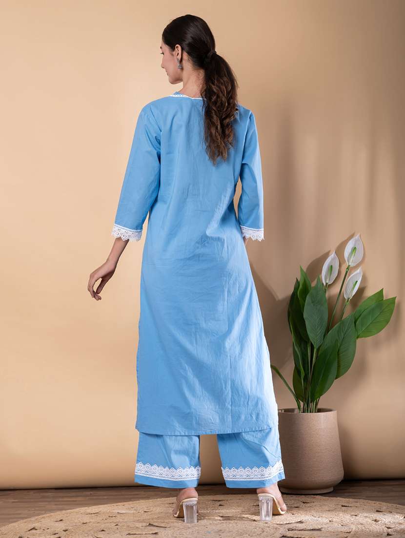 women solid with work three quarter sleeve kurta palazzo set - 22072859 -  Standard Image - 3