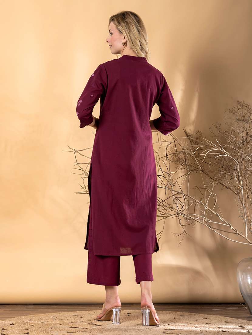women solid with work three quarter sleeve kurta pant set - 22072876 -  Standard Image - 3