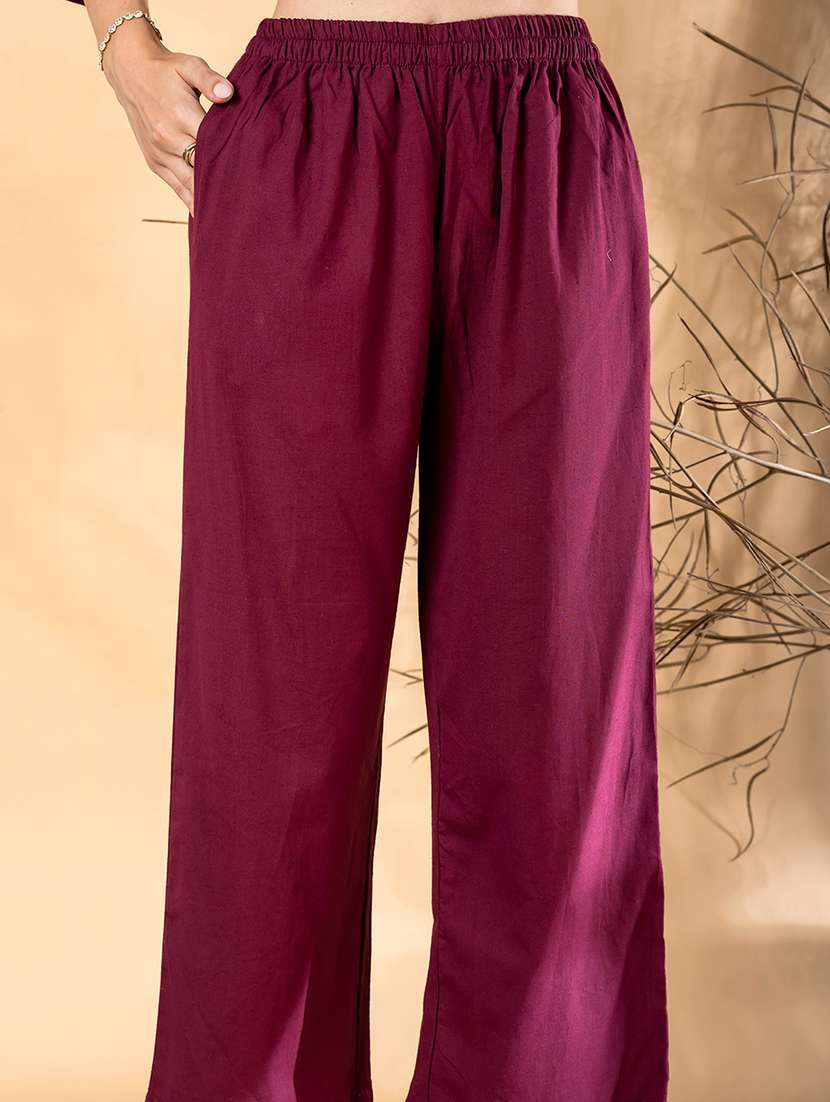 women solid with work three quarter sleeve kurta pant set - 22072876 -  Standard Image - 5