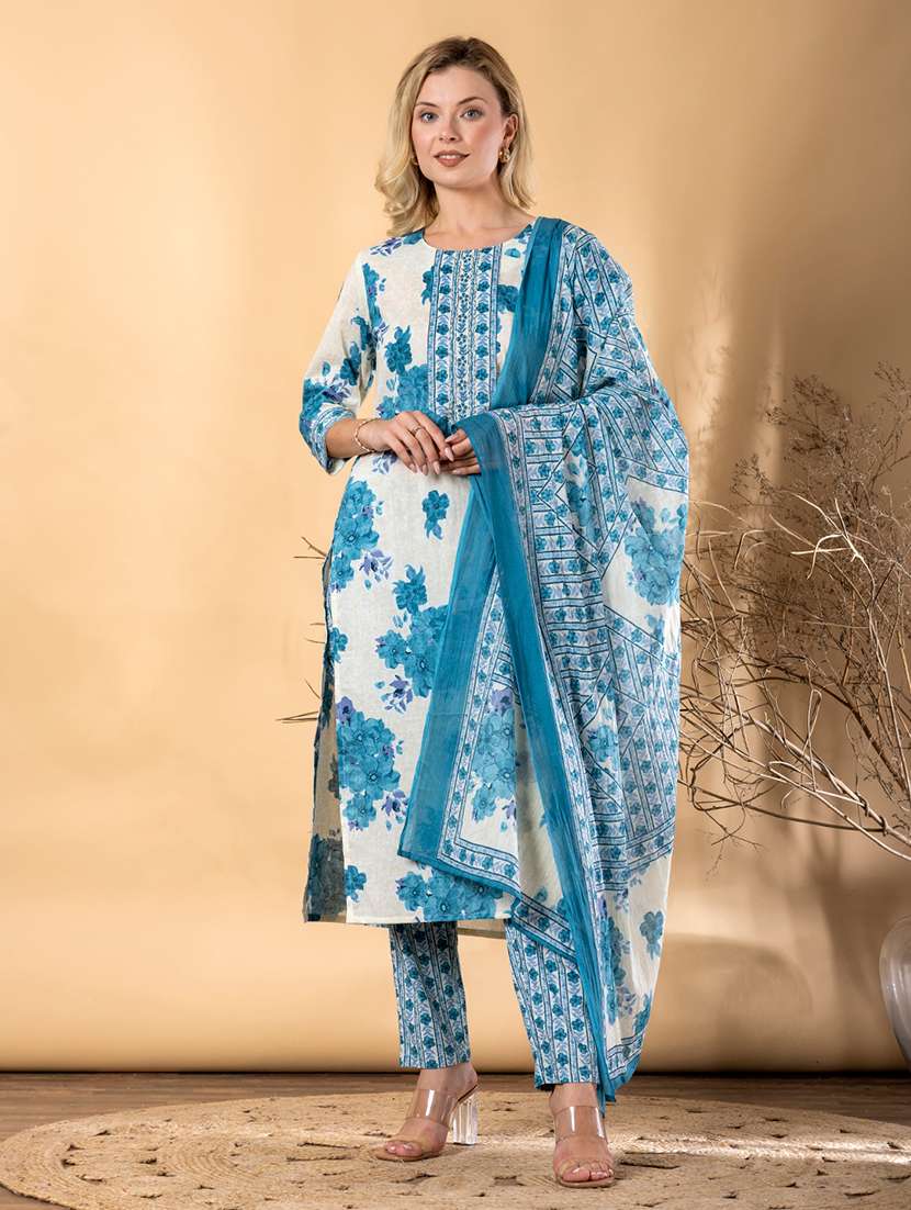 women floral three quarter sleeve kurta pant with dupatta set